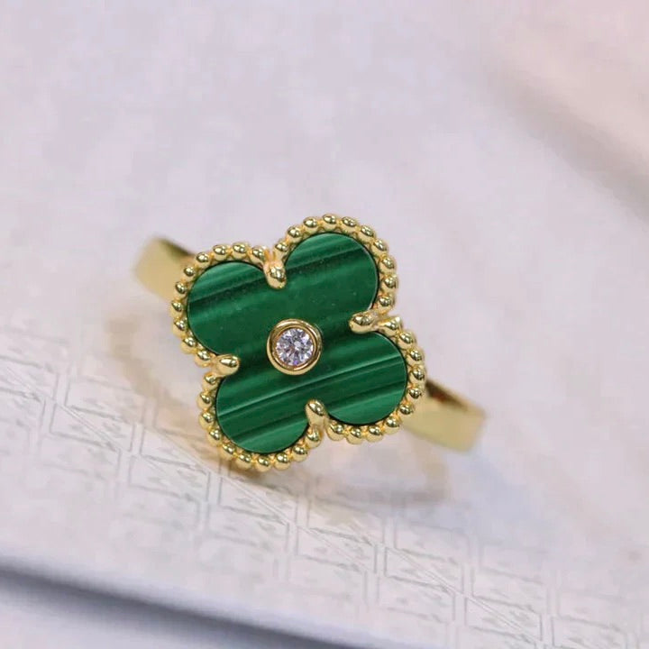 [NOBLE AURA]CLOVER MALACHITE RING GOLD DIAMOND