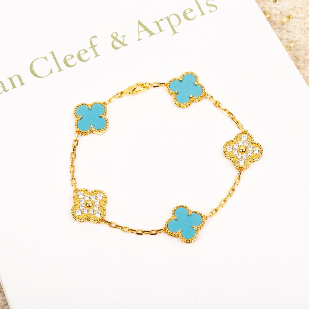 [NOBLE AURA]CLOVER 5 MOTIF TURQUOISE DIAMOND GOLD BRACELET
