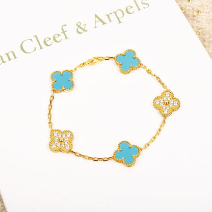 [NOBLE AURA]CLOVER 5 MOTIF TURQUOISE DIAMOND GOLD BRACELET