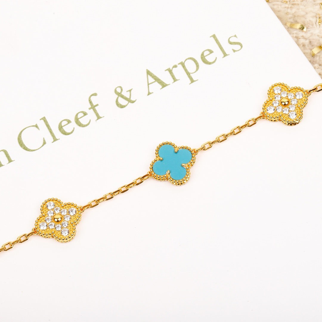 [NOBLE AURA]CLOVER 5 MOTIF TURQUOISE DIAMOND GOLD BRACELET