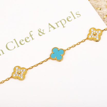 [NOBLE AURA]CLOVER 5 MOTIF TURQUOISE DIAMOND GOLD BRACELET