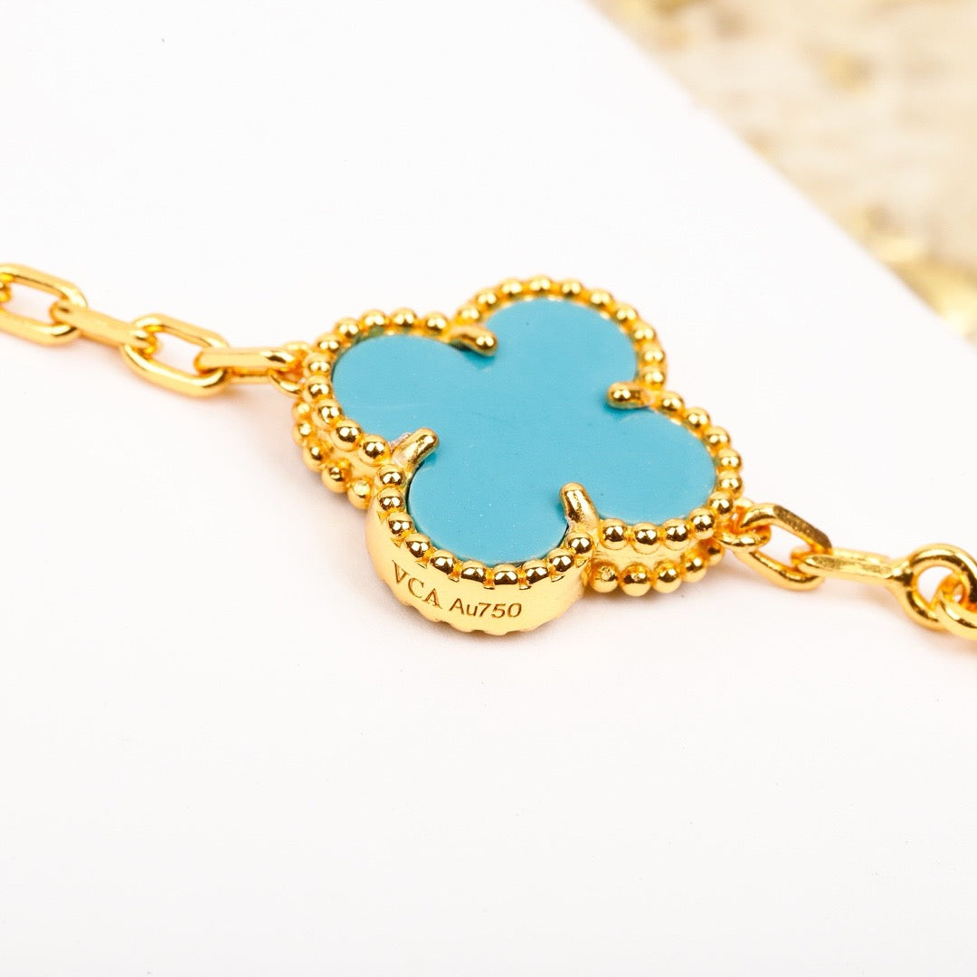 [NOBLE AURA]CLOVER 5 MOTIF TURQUOISE DIAMOND GOLD BRACELET