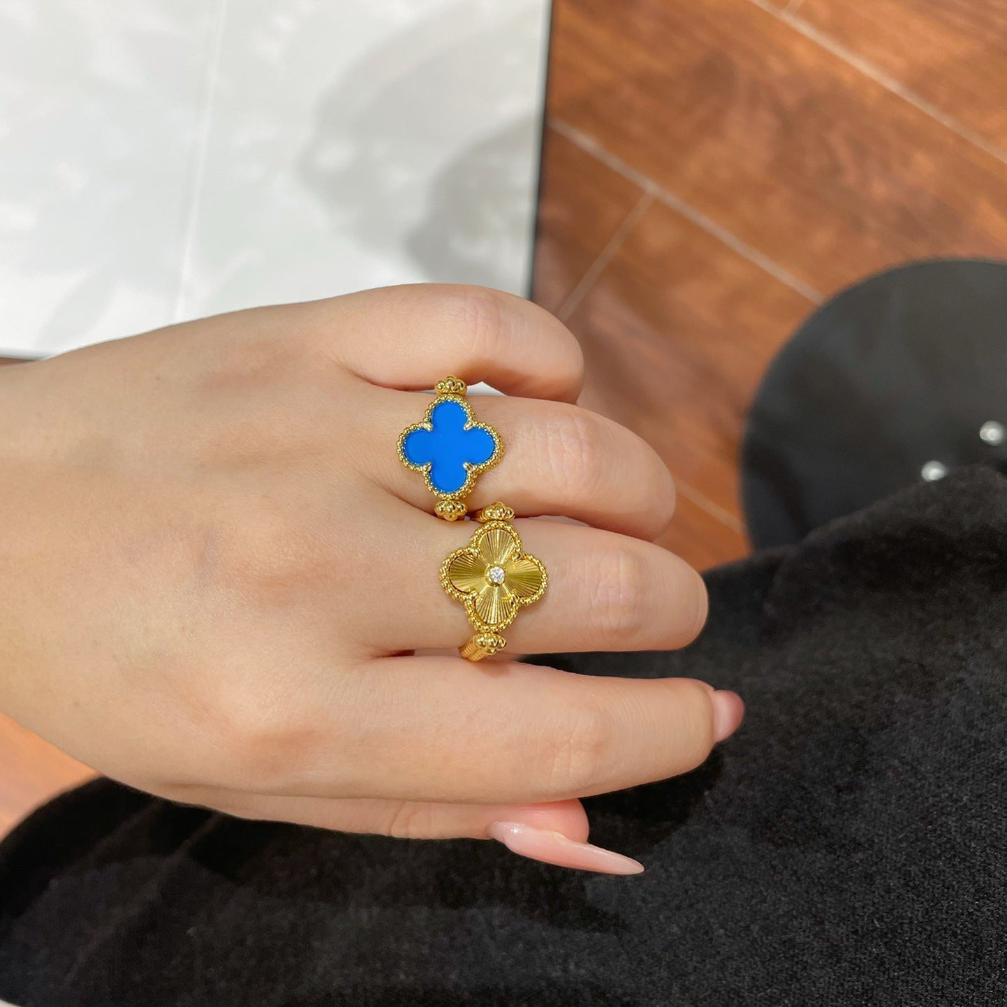 [NOBLE AURA]CLOVER RIVERSIBLE BLUE AGATE RING