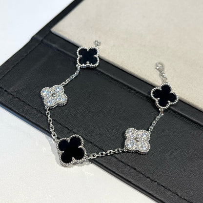 [NOBLE AURA]CLOVER 5 MOTIF ONYXS DIAMOND BRACELET SILVER