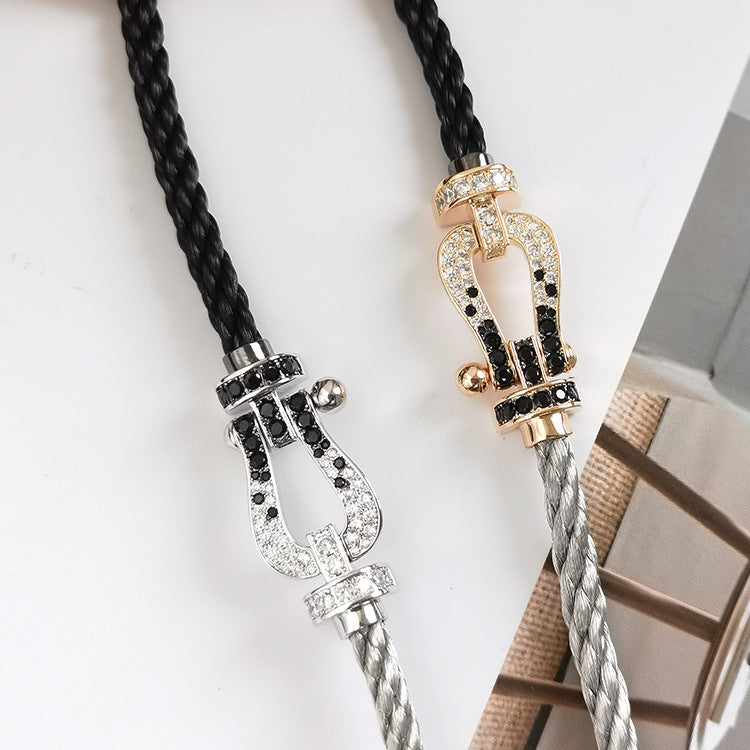 [NOBLE AURA]Pave Gemstone Love &Force Large Horseshoe Diamond Duo Bracelet Stack Set