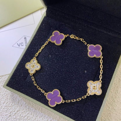 [NOBLE AURA]CLOVER  5 MOTIFS  PURPLE VIOLET DIAMOND BRACELET