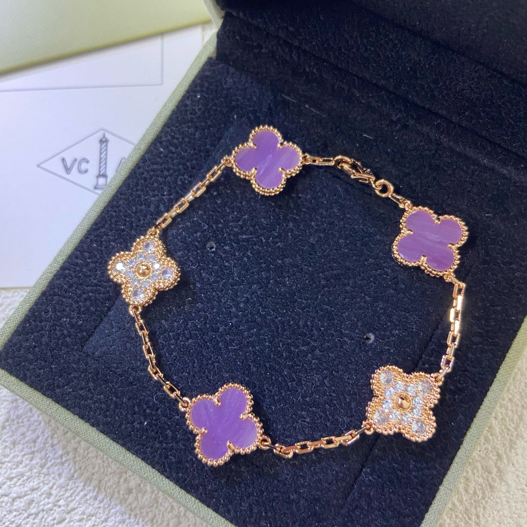 [NOBLE AURA]CLOVER  5 MOTIFS  PURPLE VIOLET DIAMOND BRACELET