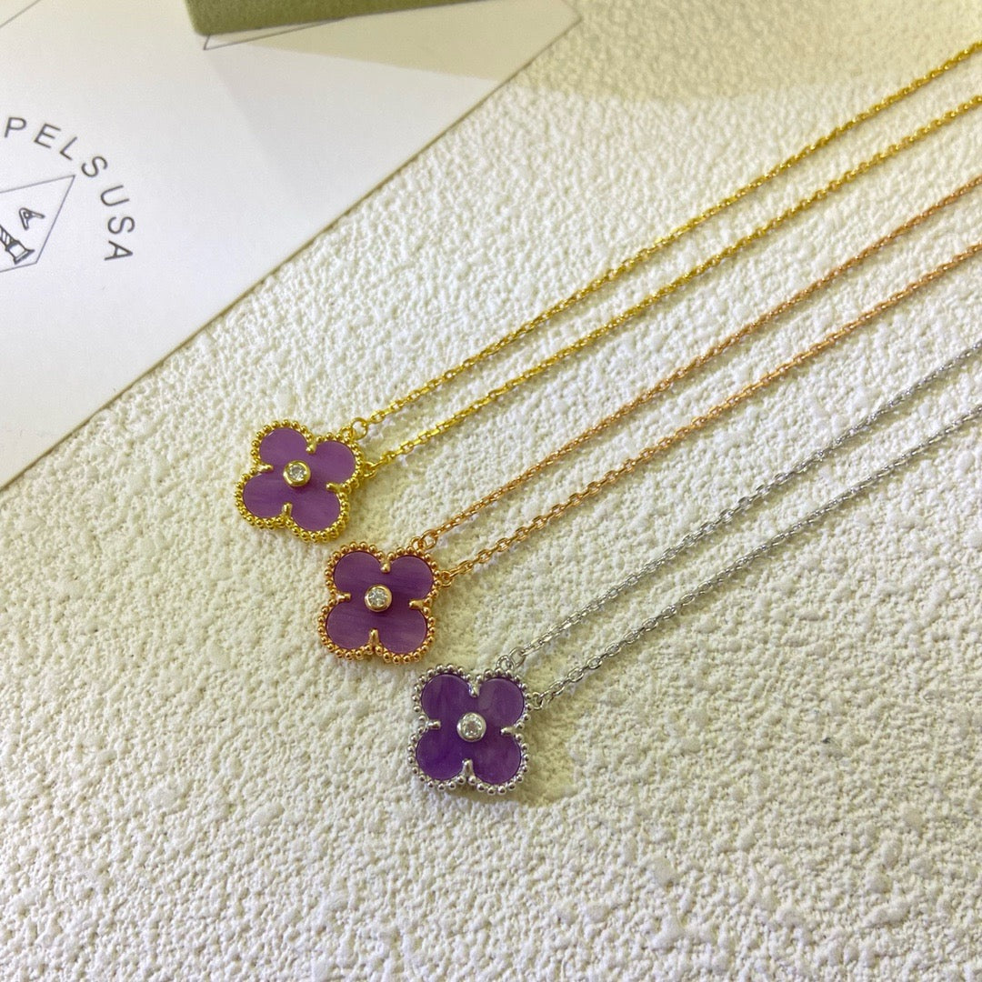 [NOBLE AURA]CLOVER 15MM DIAMOND  PURPLE VIOLET NECKLACE