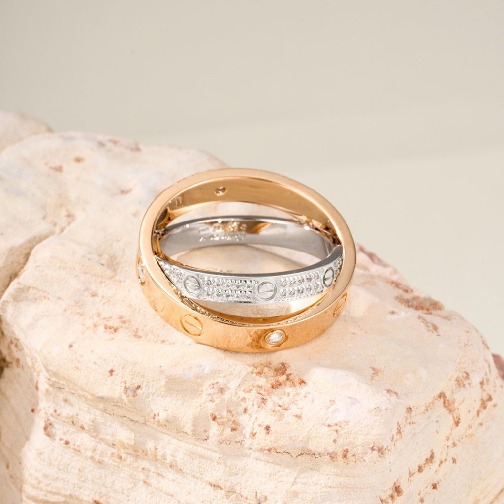 [NOBLE AURA] LOVE PINK GOLD SILVER DIAMOND DOUBLE RING