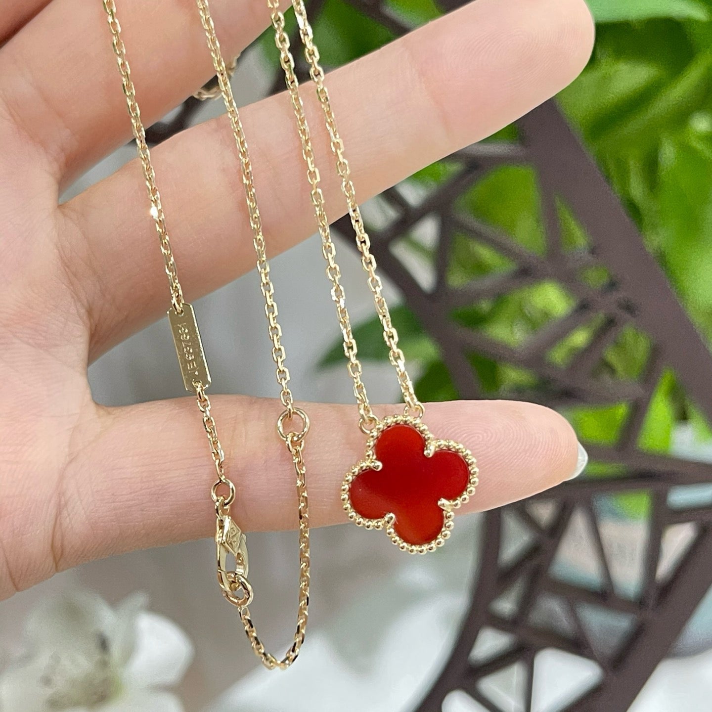 [NOBLE AURA]CLOVER 15MM CARNELIAN SINGLE FLOWER NECKLACE