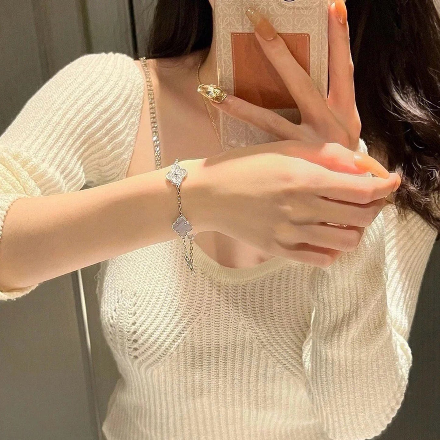 [NOBLE AURA]CLOVER  5 MOTIF DIAMOND PURPLE CHALCEDONY BRACELET SILVER