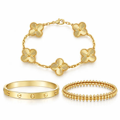 [NOBLE AURA] CLASH & Clover Laser 5-Motif & LOVE Brushed Bracelet Stack Set