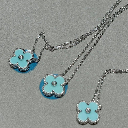 [NOBLE AURA]CLOVER 1 DIAMOND LIGHT BLUE SILVER NECKLACE