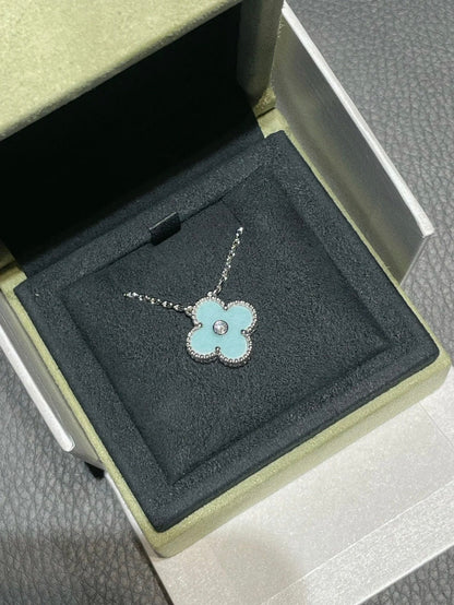 [NOBLE AURA]CLOVER 1 DIAMOND LIGHT BLUE SILVER NECKLACE