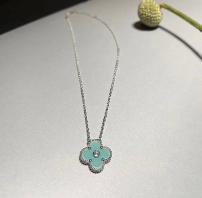 [NOBLE AURA]CLOVER 1 DIAMOND LIGHT BLUE SILVER NECKLACE