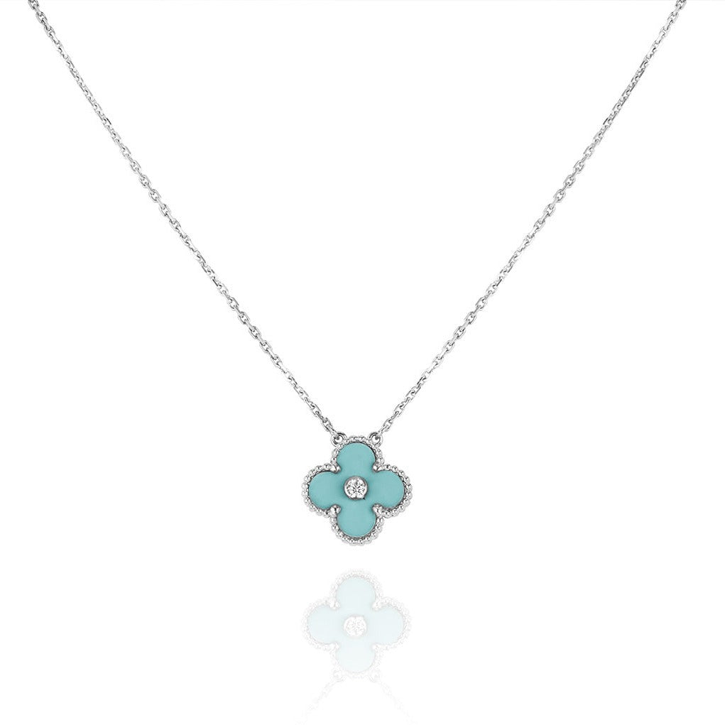 [NOBLE AURA]CLOVER 1 DIAMOND LIGHT BLUE SILVER NECKLACE
