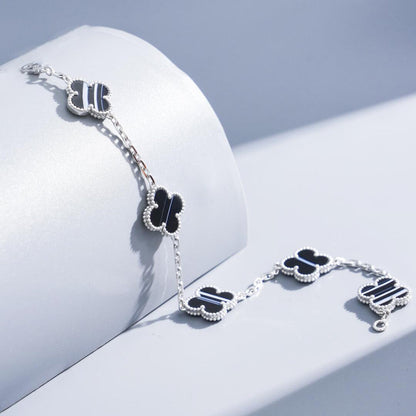 [NOBLE AURA]CLOVER 5 MOTIF VEINED ONYX BRACELET SILVER