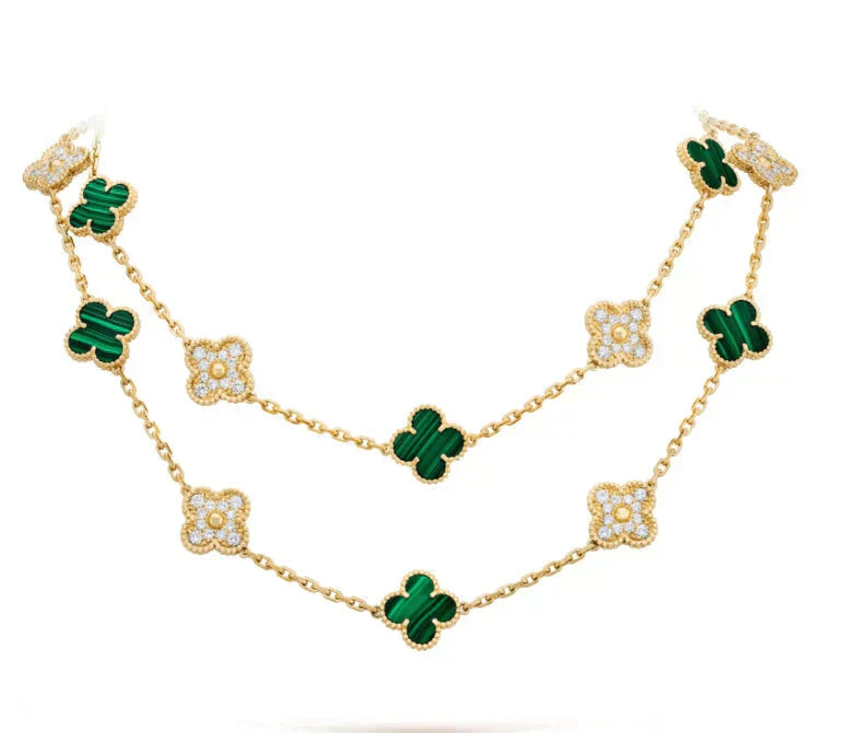 [NOBLE AURA]CLOVER 20 MOTIFS MALACHITE DIAMOND NECKLACE