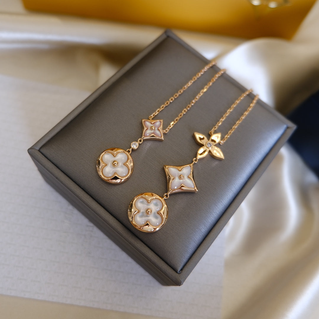 [NOBLE AURA]COLOR BLOSSOM LARIAT NECKLACE PINK GOLD WHITE MOTHER PEARL AND DIAMOND