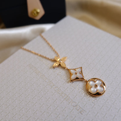 [NOBLE AURA]COLOR BLOSSOM LARIAT NECKLACE PINK GOLD WHITE MOTHER PEARL AND DIAMOND