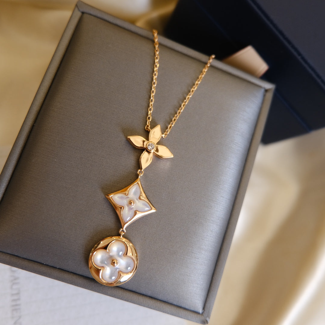 [NOBLE AURA]COLOR BLOSSOM LARIAT NECKLACE PINK GOLD WHITE MOTHER PEARL AND DIAMOND