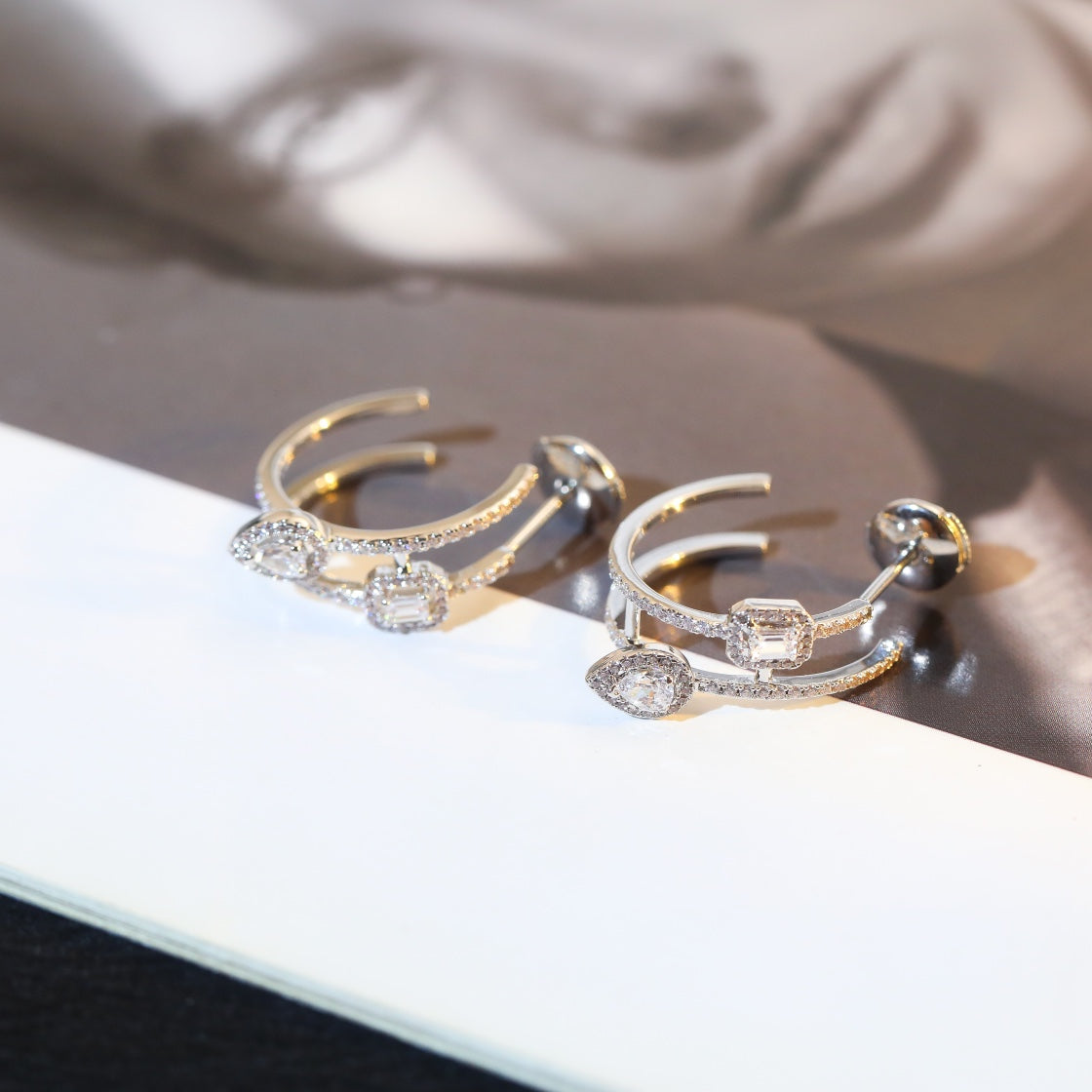 [NOBLE AURA]CREOLES MY TWIN 2 RANGS SILVER DIAMOND EARRINGS