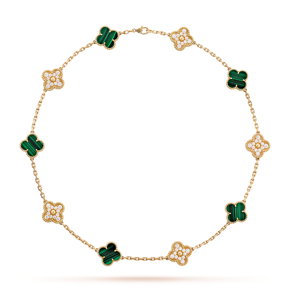 [NOBLE AURA]CLOVER 10 MOTIFS MALACHITE DIAMOND NECKLACE