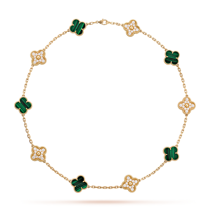 [NOBLE AURA]CLOVER 10 MOTIFS MALACHITE DIAMOND NECKLACE