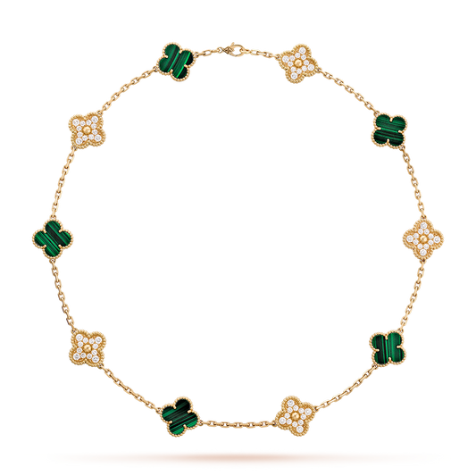 [NOBLE AURA]CLOVER 10 MOTIFS MALACHITE DIAMOND NECKLACE