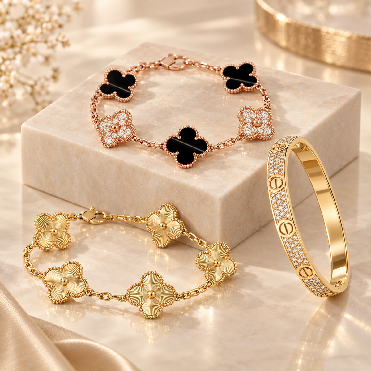 [NOBLE AURA]Clover Laser  Pulsar Stone 5-Motif & LOVE Diamond-Paved Bracelet Stack Set