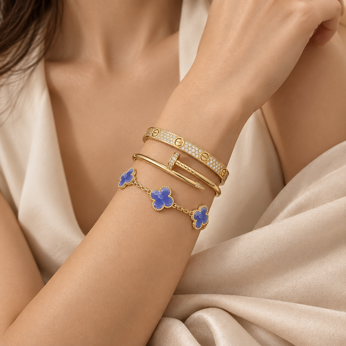 [NOBLE AURA] LOVE & JUSTE & Blue Veins Clover 5-Motif Diamond Bracelet Stack Set