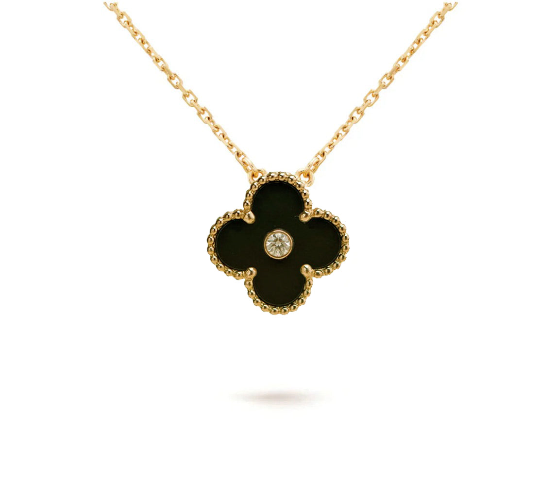 [NOBLE AURA]CLOVER 15MM DIAMOND ONYX NECKLACE