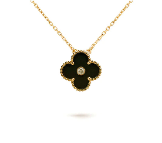 [NOBLE AURA]CLOVER 15MM DIAMOND ONYX NECKLACE