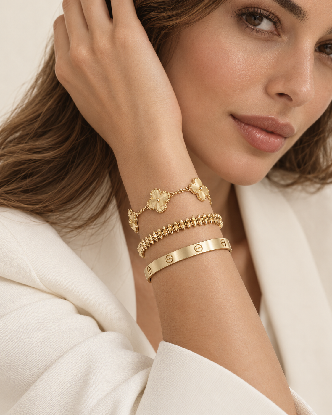 [NOBLE AURA] CLASH & Clover Laser 5-Motif & LOVE Brushed Bracelet Stack Set