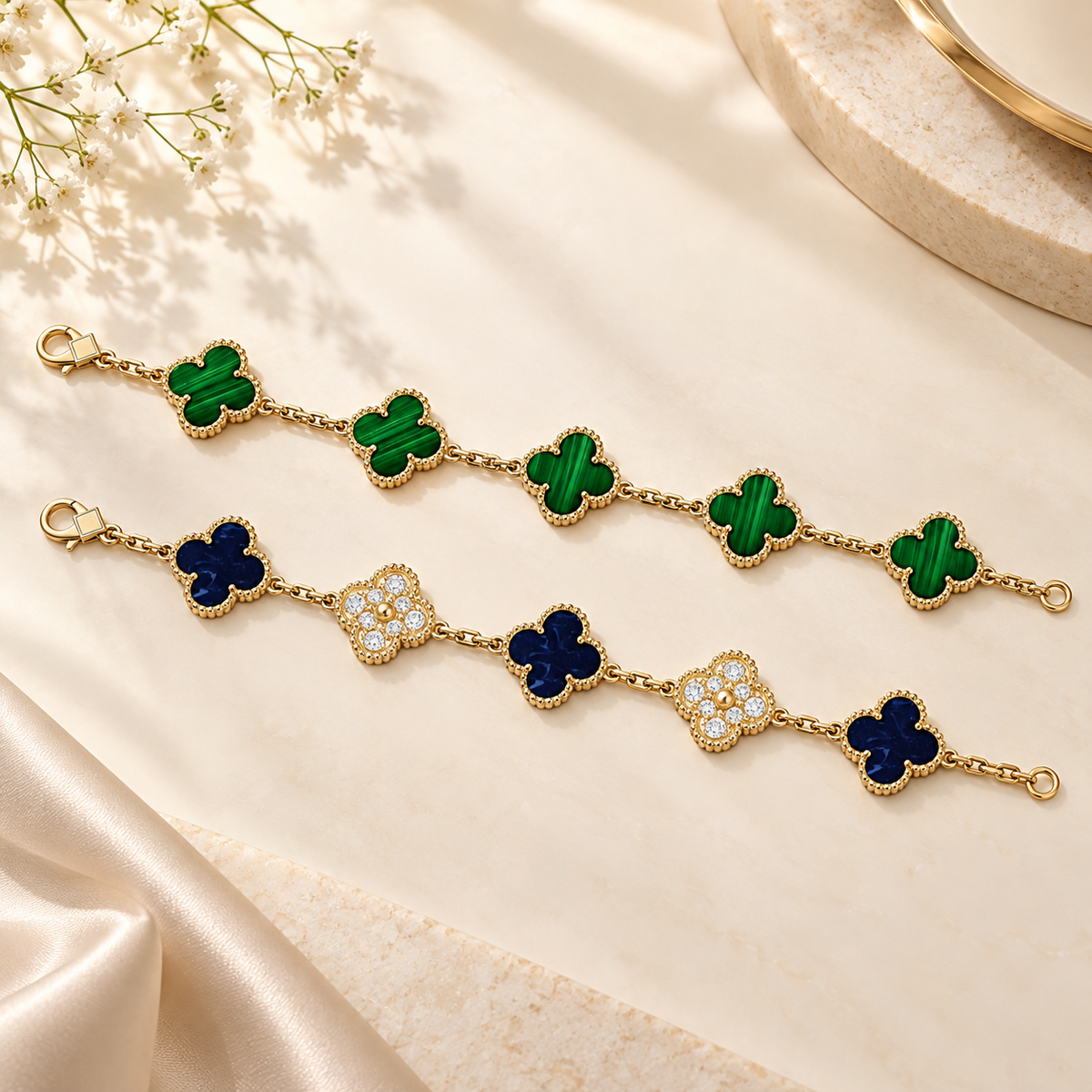 [NOBLE AURA]Clover 5-Motif Malachite & Pietersite Bracelet Stack Set