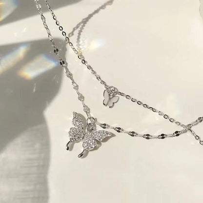 s925 Double Butterfly Pendant Stacked Necklace