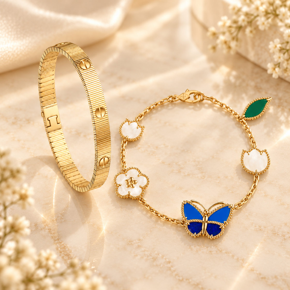 [NOBLE AURA] Lucky Spring Butterfly 5-Motif & LOVE Unlimited Bracelet Stack Set