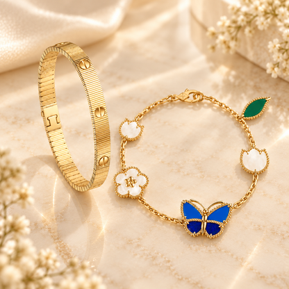 [NOBLE AURA] Lucky Spring Butterfly 5-Motif & LOVE Unlimited Bracelet Stack Set