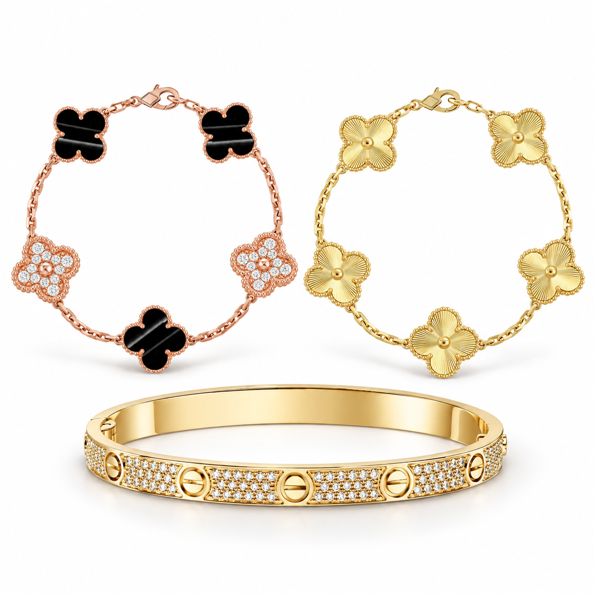 [NOBLE AURA]Clover Laser  Pulsar Stone 5-Motif & LOVE Diamond-Paved Bracelet Stack Set