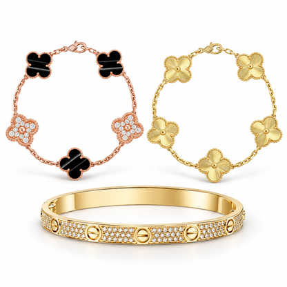 [NOBLE AURA]Clover Laser  Pulsar Stone 5-Motif & LOVE Diamond-Paved Bracelet Stack Set