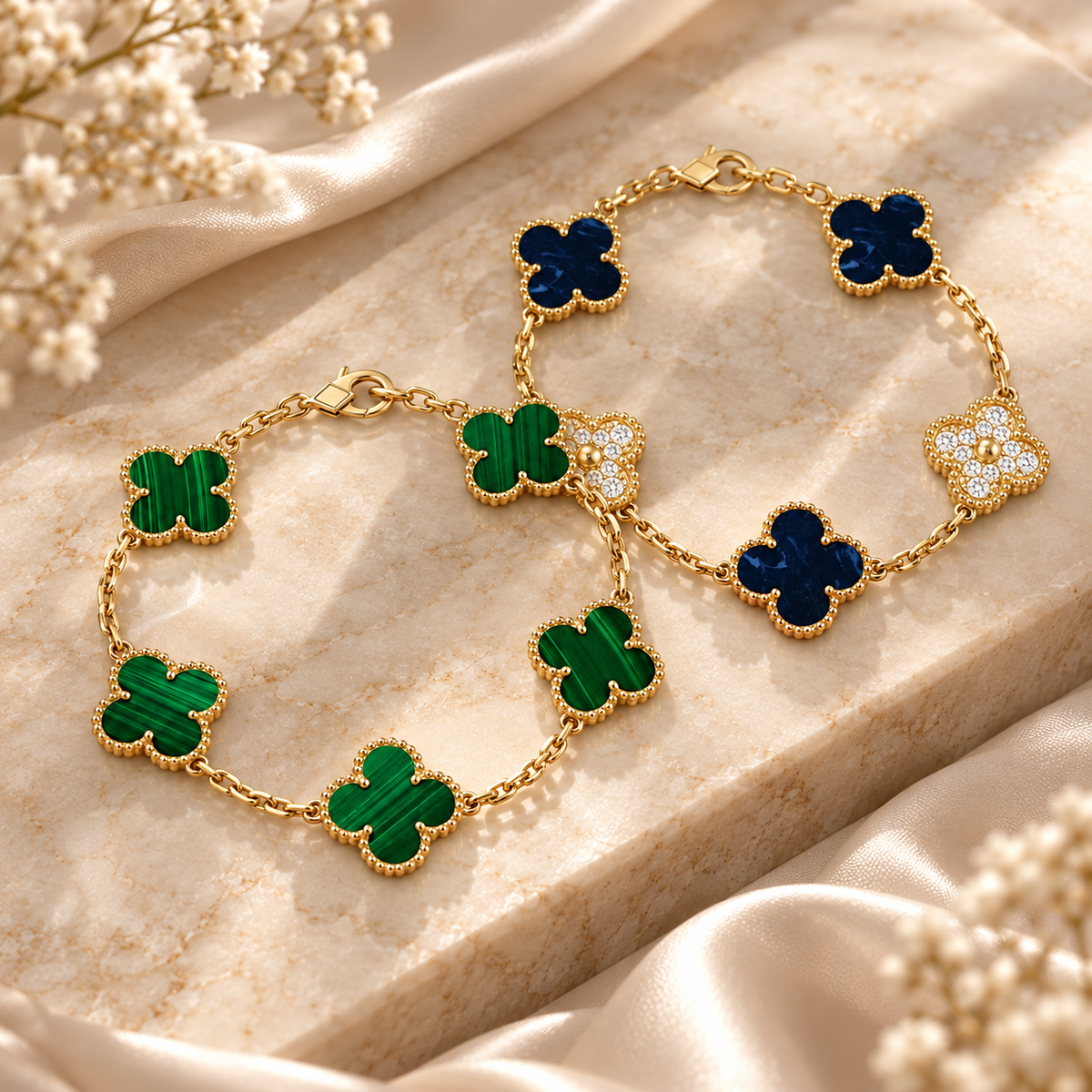 [NOBLE AURA]Clover 5-Motif Malachite & Pietersite Bracelet Stack Set