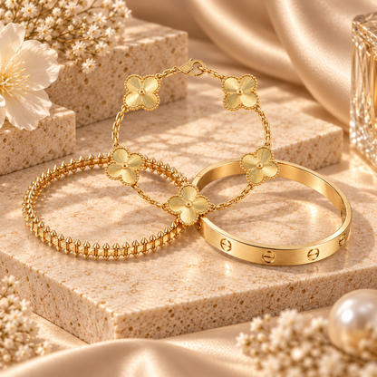 [NOBLE AURA] CLASH & Clover Laser 5-Motif & LOVE Brushed Bracelet Stack Set