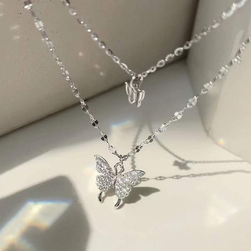 s925 Double Butterfly Pendant Stacked Necklace