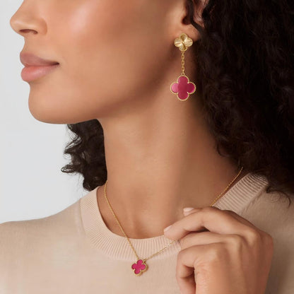 [NOBLE AURA]Clover Pink Enamel Necklace & Earring Jewelry Set