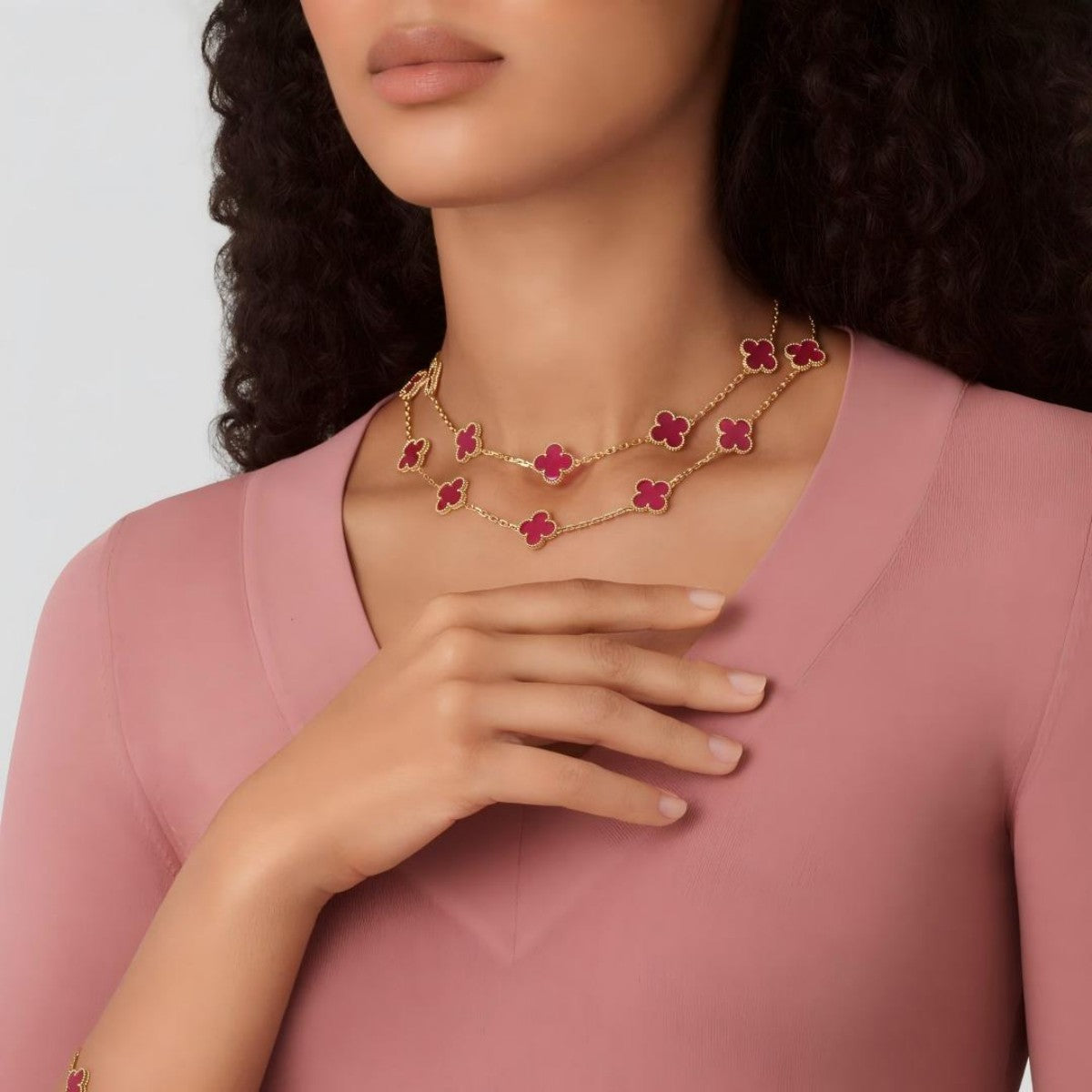 [NOBLE AURA]Clover Pink Enamel Necklace & Earring Jewelry Set