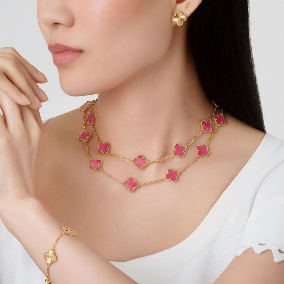 [NOBLE AURA]Clover Pink Enamel Necklace & Earring Jewelry Set