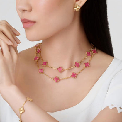 [NOBLE AURA]Clover Pink Enamel Necklace & Earring Jewelry Set