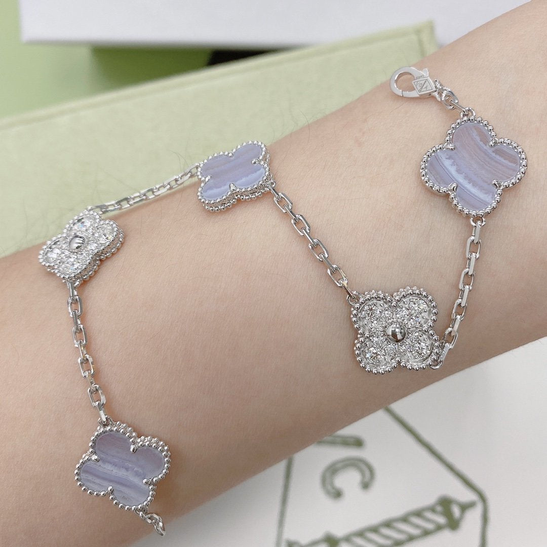 [NOBLE AURA]CLOVER  5 MOTIF DIAMOND PURPLE CHALCEDONY BRACELET SILVER