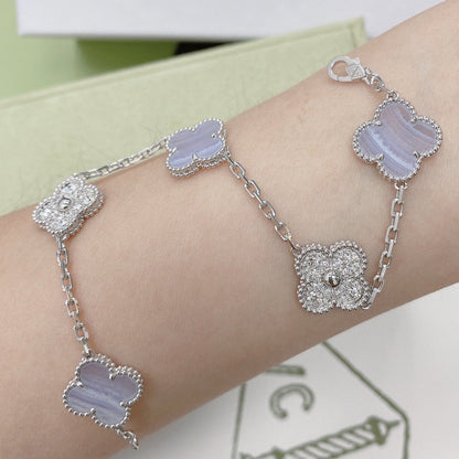 [NOBLE AURA]CLOVER  5 MOTIF DIAMOND PURPLE CHALCEDONY BRACELET SILVER