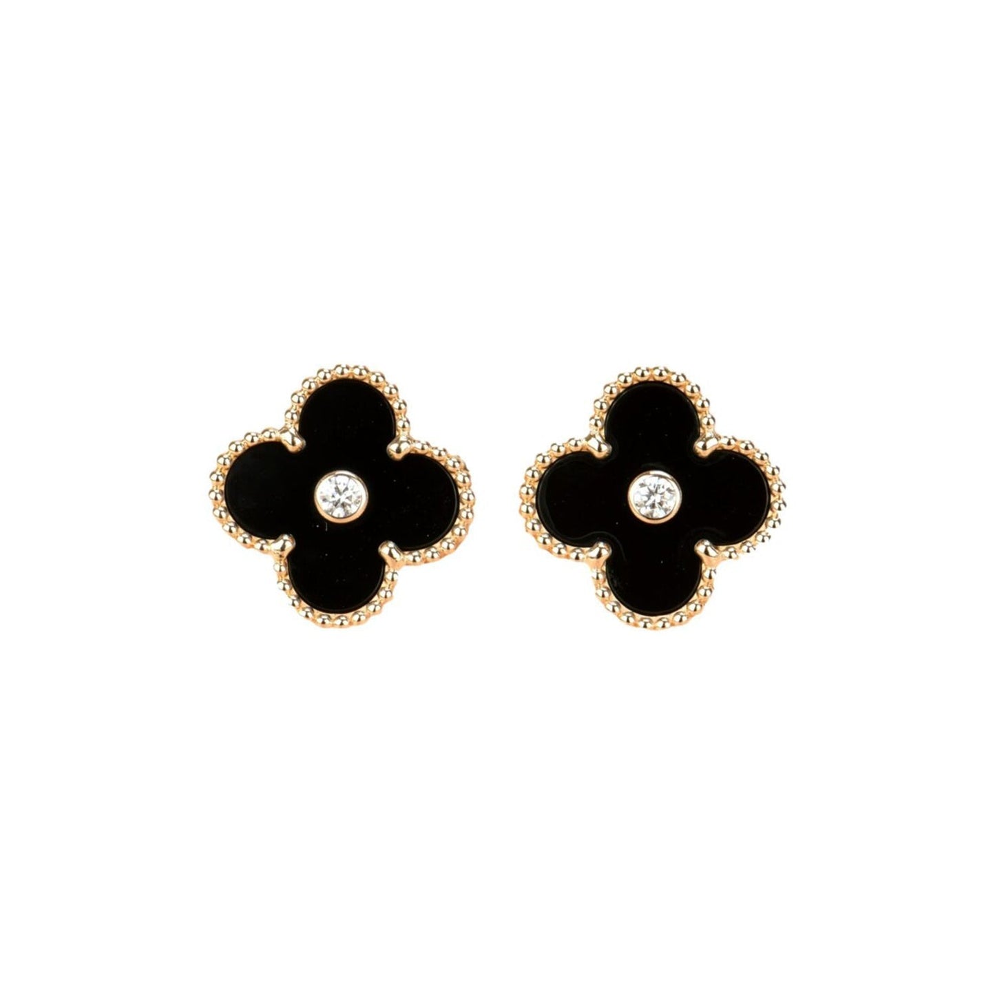 [NOBLE AURA]CLOVER MEDIUM 1 MOTIFS ONYX DIAMOND EARRINGS